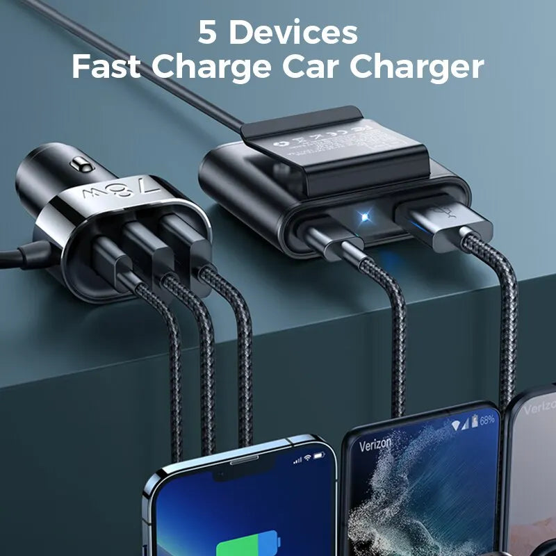 Joyroom 78W 5-in-1 Car Charger Fast USB C Car Charger with 1.5m Cable PD 3.0 QC 4.0 3.0 PPS 25W Type C Multi Car Charger Adapter