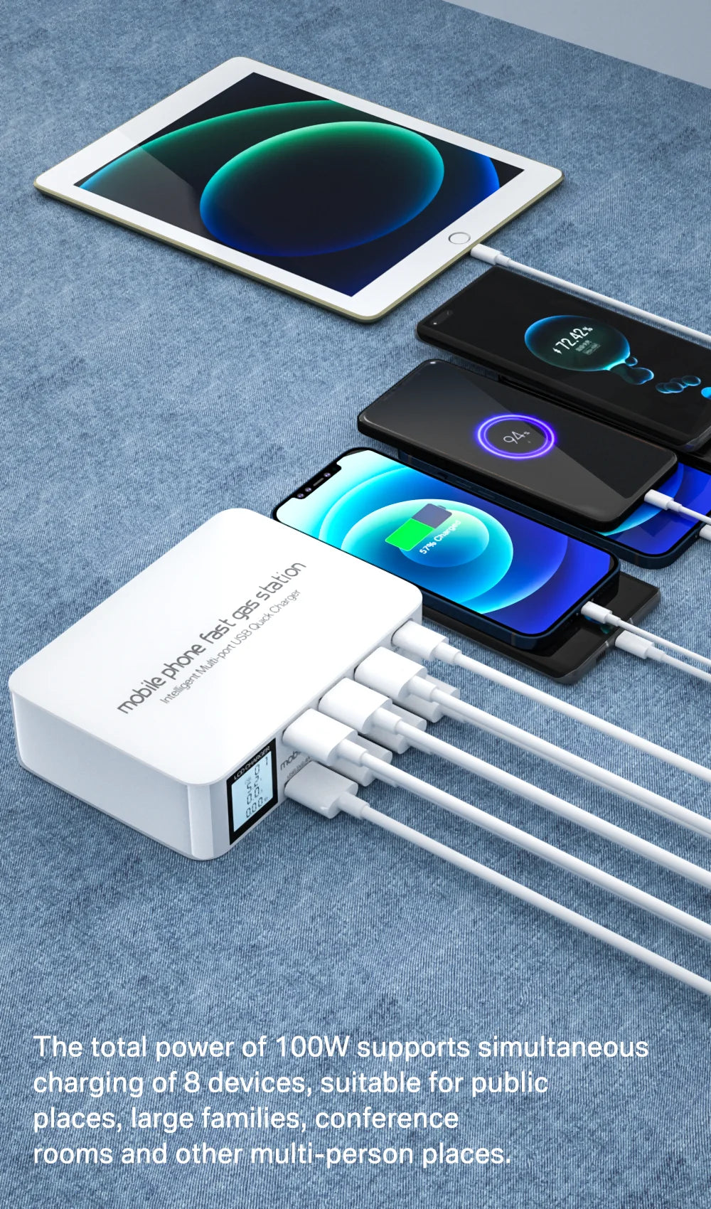 100W USB Charging Station With 3 QC3.0 Quick Charge USB Port 20W PD USB Type C Port LCD Display Fast Charger For iPhone Xiaomi