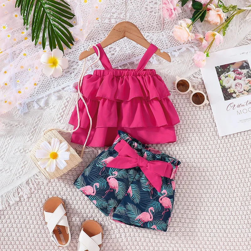 Baby Clothes Set 6Months - 3Years old Sleeveless Croptop and Cartoon Flamingo Shorts Outfit Clothing Suit For Kids Newborn Girl