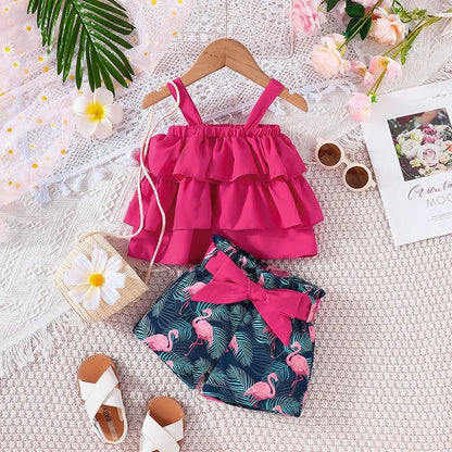 Baby Clothes Set 6Months - 3Years old Sleeveless Croptop and Cartoon Flamingo Shorts Outfit Clothing Suit For Kids Newborn Girl