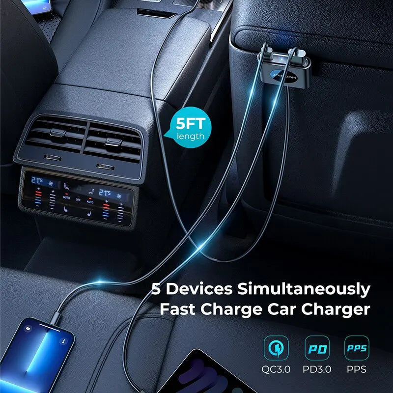 Joyroom 78W 5-in-1 Car Charger Fast USB C Car Charger with 1.5m Cable PD 3.0 QC 4.0 3.0 PPS 25W Type C Multi Car Charger Adapter