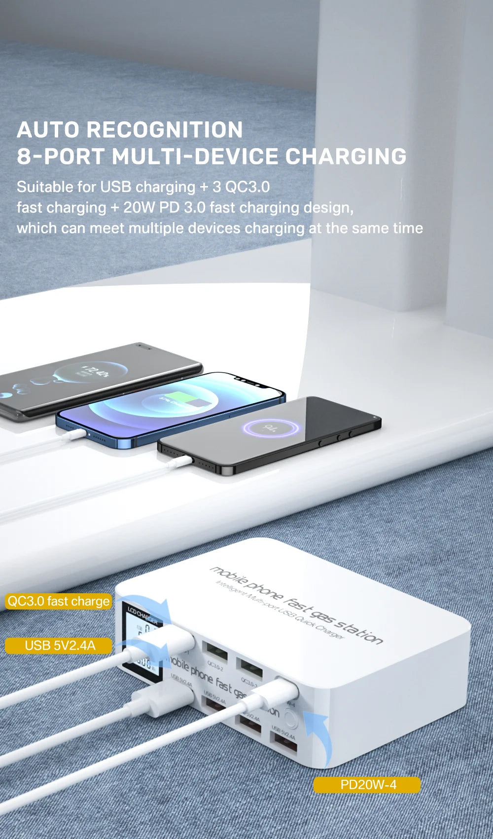 100W USB Charging Station With 3 QC3.0 Quick Charge USB Port 20W PD USB Type C Port LCD Display Fast Charger For iPhone Xiaomi