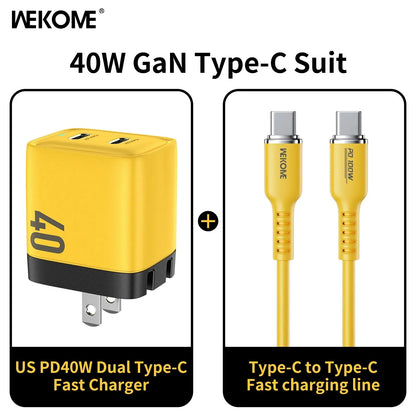 WEKOME GaN 40W/67W/100W Type C Charger Portable USB Charger Adapter QC4.0 PD PPS Fast Charging for iPhone Samsung Xiaomi Macbook US charger C- C Cable Yellow