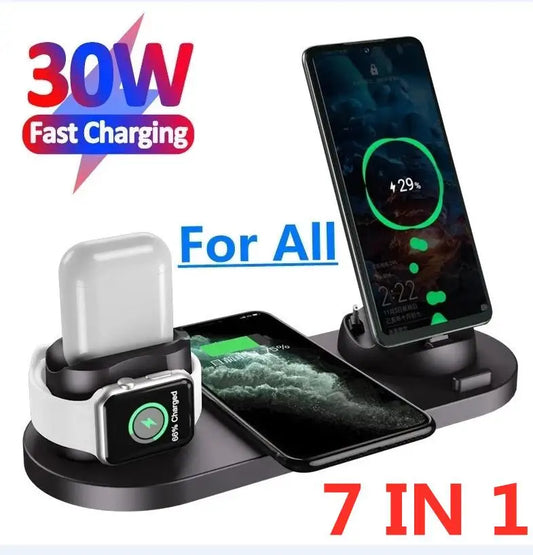 30W 7 in 1 Wireless Charger Stand Pad For iPhone 14 13 12 Pro Max Apple Watch Airpods Phone Chargers Fast Charging Dock Station