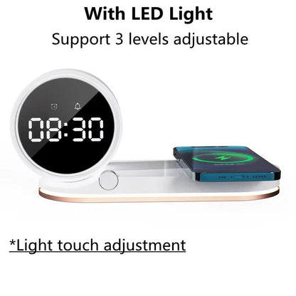 Multifunction Wireless Charger Pad Stand Alarm Clock LED Desk Lamp Night Light 15W Fast Charging Station Dock for iPhone Samsung