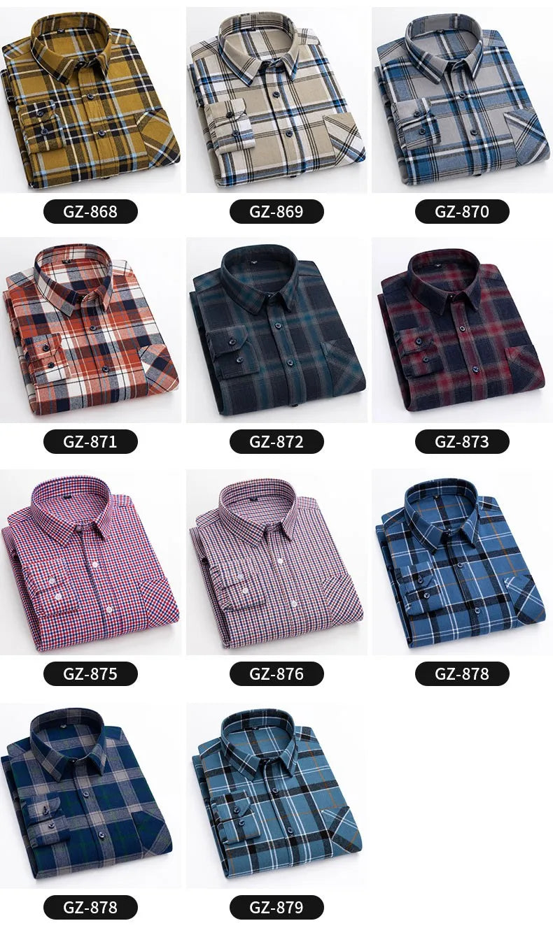 Long Sleeve Regular Fit Home New Spring Autumn 100% Cotton Plaid Mens Shirts Casual for Man Clothes Plus Size