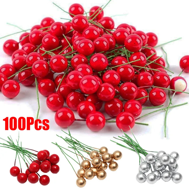 100pcs Artificial Berries Gold Silver Red Cherry Stamen Mini Fake Flowers Pearl Beads for DIY Christmas Party Craft Decoration