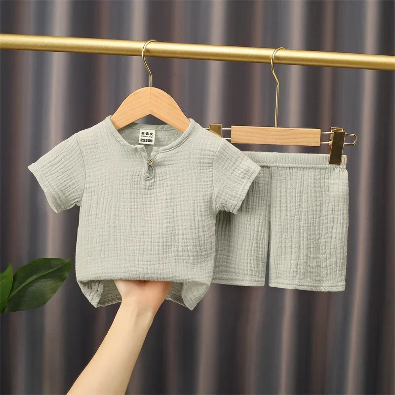 0-5Y Baby Summer Sets Solid Cotton Linen T-shirts+Elasctic Shorts Kids Clothes Casual Clothing Sets for Children Outfit Set