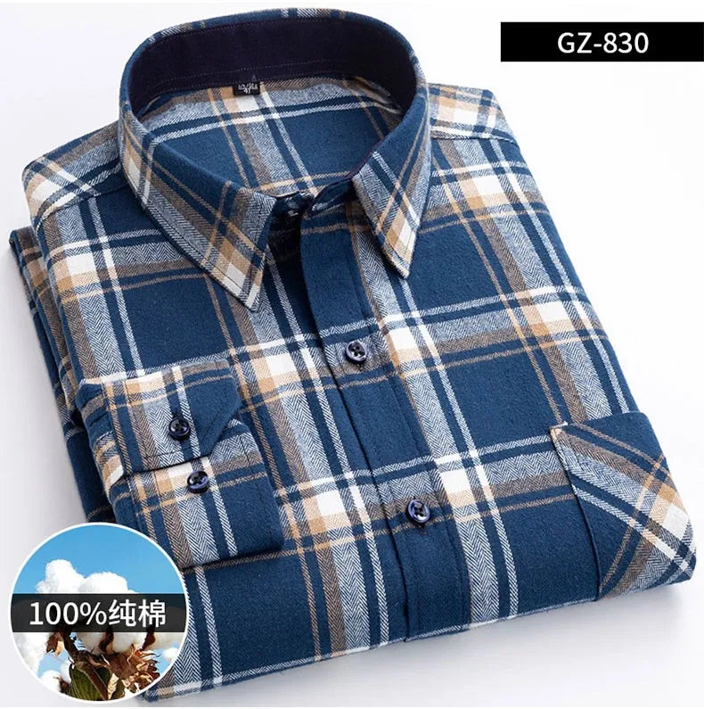 Long Sleeve Regular Fit Home New Spring Autumn 100% Cotton Plaid Mens Shirts Casual for Man Clothes Plus Size