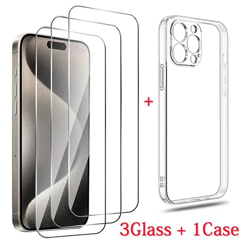 3-in-1 Tempered Glass For iPhone 15 11 12 13 14 Pro Max Mini 8 Plus Clear Phone Case For iPhone XS MAX X XR SE Screen Protectors 3 Glass And 1 Case