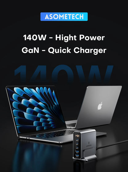 ASOMETECH 140W GaN USB Type C Fast Charger Multiple Ports QC4.0 PD Quick Charger For Macbook Laptop Tablet iPhone 14 Samsung S23