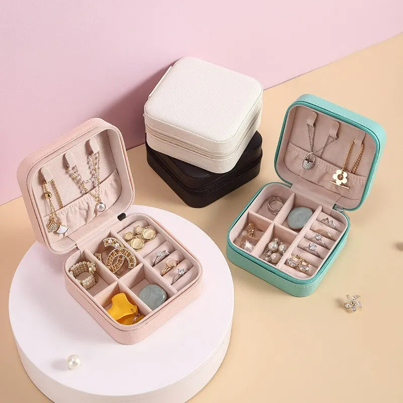 Solid Color Jewelry Organizer Leather Square Small Round Box Ring Earrings Portable Travel Jewelry Storage Bag