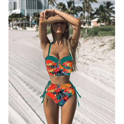 High Waist Bikini Set Push Up Bandage Bikini Swimwear Women Floral Two Pieces Swimsuit Strappy biquinitraje de baño