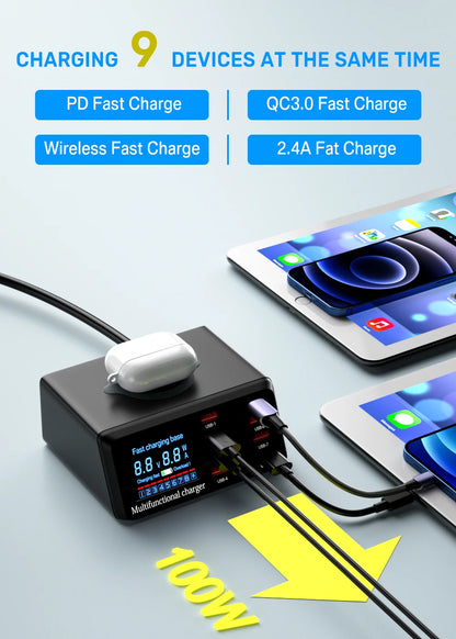 100W 8 Ports USB Charger Station With Wireless Charging Digital Display Screen QC3.0 PD3.0 Quick Charge For iPhone 14 13 Xiaomi