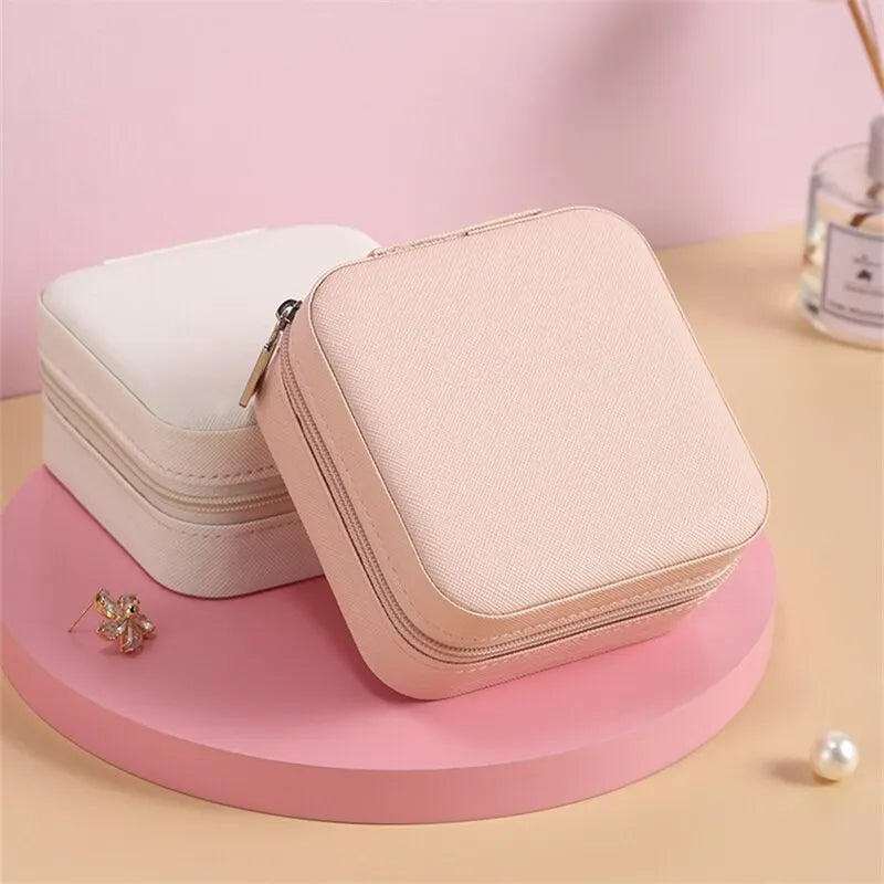 Solid Color Jewelry Organizer Leather Square Small Round Box Ring Earrings Portable Travel Jewelry Storage Bag