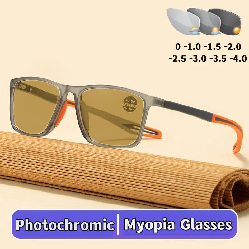 Trendy Intelligent Photochromic Myopia Glasses Men Color Changing Anti-blue Light Eyewear Unisex Optical Eyeglasses 0 To -4.0