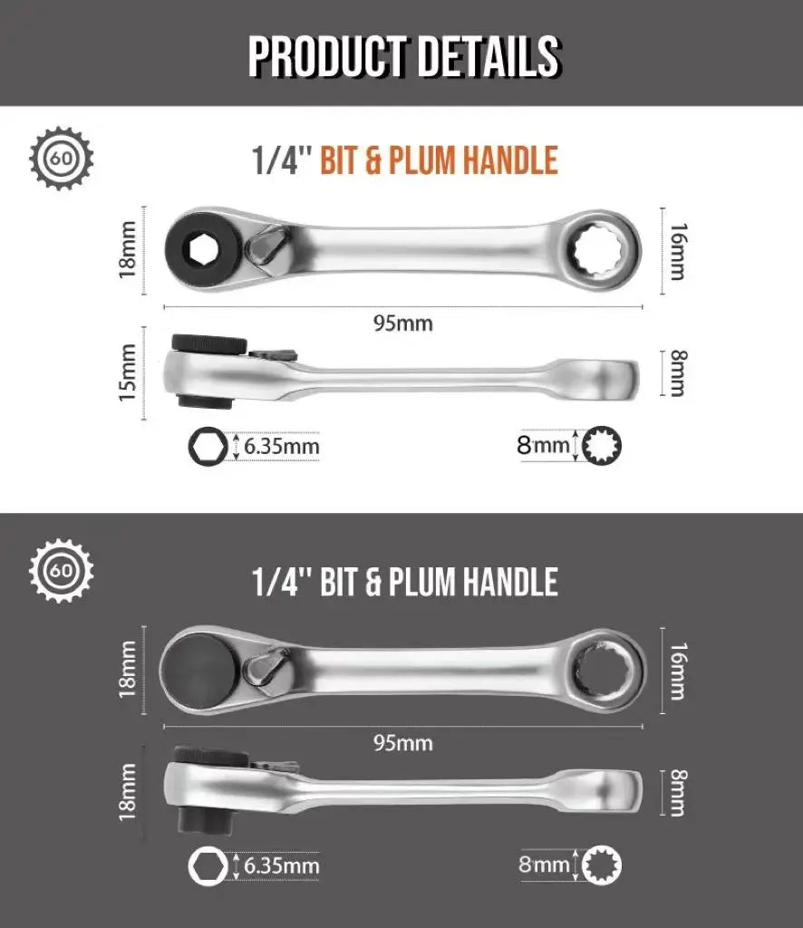 Mini treble 1/4 Ratchet Wrench Double Ended Quick Socket Ratchet Wrench Screwdriver Hex Torque Wrenches Set Spanner