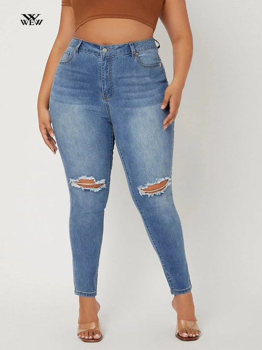 Plus Size Ripped Jeans for Women High Waist Stretchy Washing Hope Women Jeans Spring 2023 Denim Jeans for Ladies 6XL 80kgs Jeans