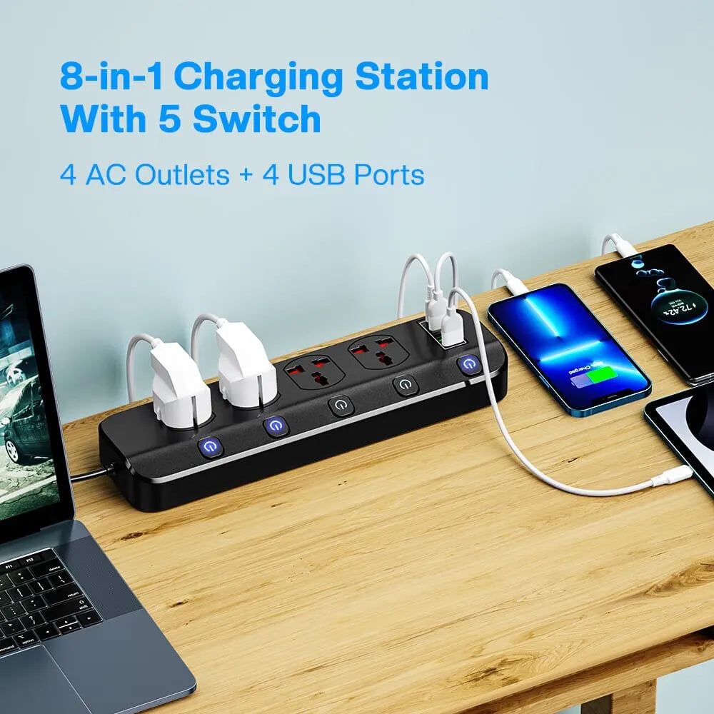 2500W Power Strip Overload Protection With 4 Universal Socket 5 Swich 4 USB Charging Ports USB C Charger 1.97M Extension Cable