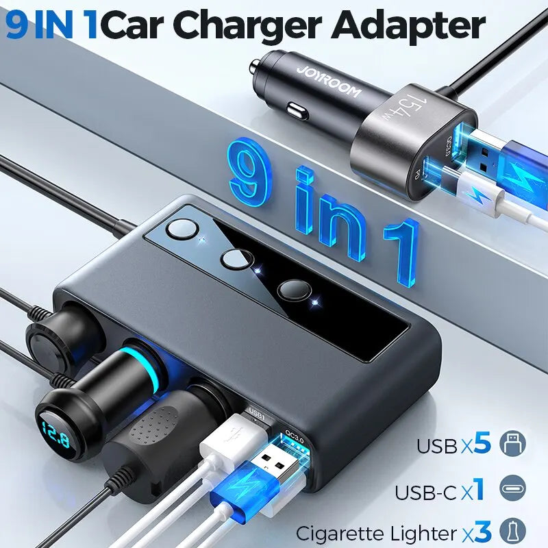 Joyroom 154W Car Charger Adapter 9 in 1 PD 3 Socket Cigarette Lighter Splitter Charge Independent Switches DC Cigarette Outlet