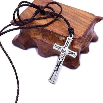 Retro Men Women Necklace with Brown/Black Rope Cross Pendant Christian Religious Natural Wooden for Children Boys Girls