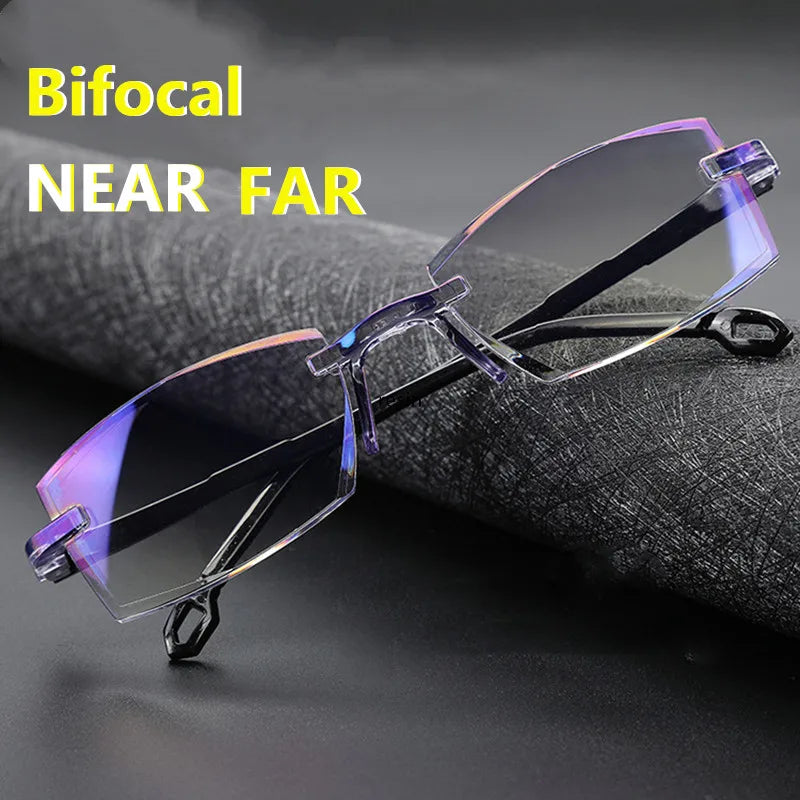 New Men Women Rimless Reading Glasses Anti Blue Light Bifocal Far Near Magnification Eyewear Presbyopic Glasses +150 +200