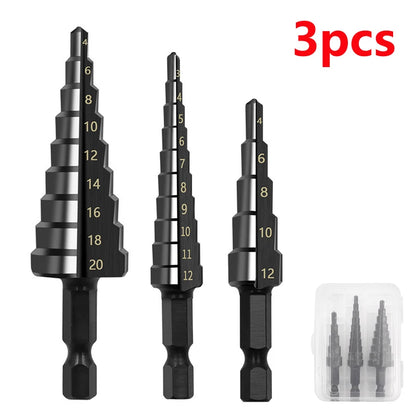 3-12mm 4-12mm 4-20mm HSS Straight Groove Step Drill Bit Set Titanium Coated Wood Metal Hole Cutter Core Drill Bit Set Nitriding Black 3PC