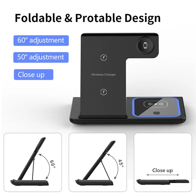 3 In 1 Wireless Charger Stand Pad Foldable 15W Fast Charging Dock Station For iPhone 15 14 13 12 Pro Max Apple Watch 8 7 Airpods