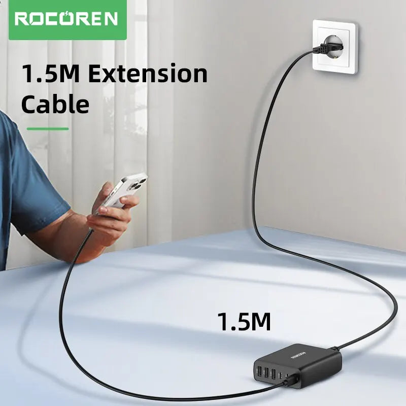 Rocoren 100W USB Charger Type C PD Fast Charging Multiple 6 Ports Desktop Charger Station For iPhone 14 13 Pro Xiaomi POCO