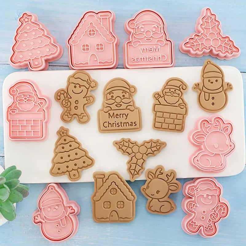 8Pcs 3D Christmas Cookie Cutters Biscuit Mold Santa Snowman Tree Elk Cookie Mould Stamp Xmas New Year Party Decor Baking Tools