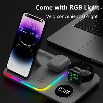 30W 5 In 1 Wireless Charger Stand Light Alarm Clock Fast Charging Station Dock For iPhone 14 13 12 IWatch Samsung Galaxy Watch