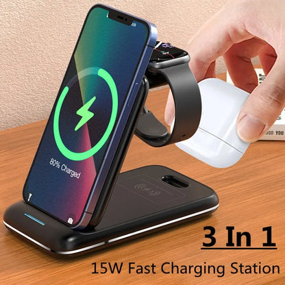 3 in 1 Wireless Charger Stand Foldable for iPhone 14 13 12 11 XS XR X 8 Apple Watch 8 7 6 Airpods Pro 15W Fast Charging Station