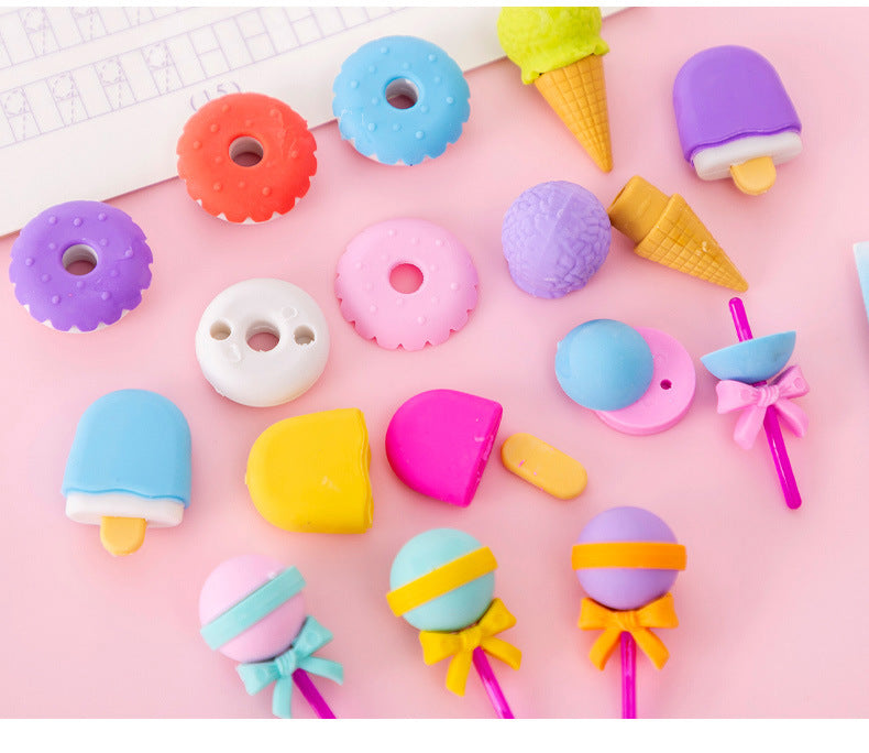 4pcs Yummy Icecream Erasers Set Mini Lollipop Dessert Popsicle Donuts Rubber Pencil Eraser for Kids Gift School Student Award