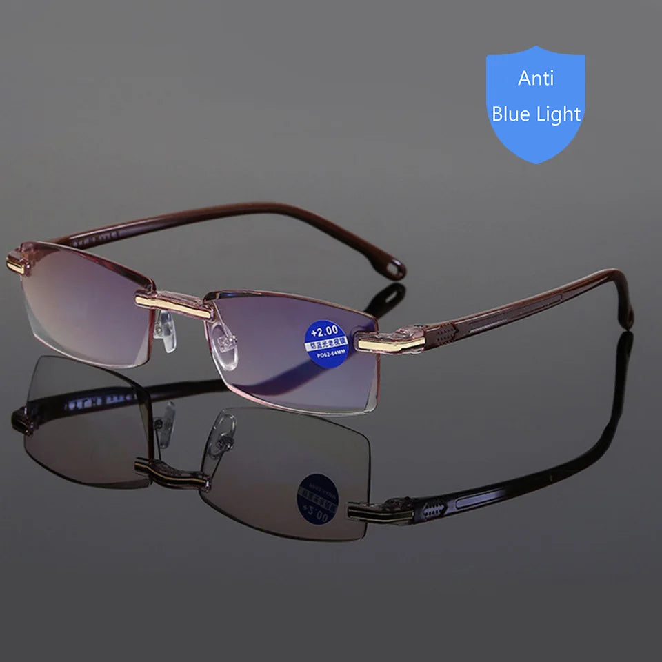 Reading Glasses Men Anti Blue Rays Presbyopia Goggles Women Vintage Rimless Eyewear Diopter +1.0 1.5 2.0 2.5 3.0 3.5 4.0 brown-1PC