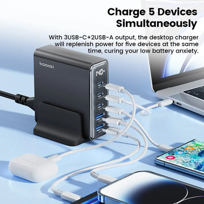 Toocki 140W GaN USB Charger 5in1 Desktop Fast Charge USB Type C Charger LED Display Charger For iPhone Xiaomi Smartphone Laptop