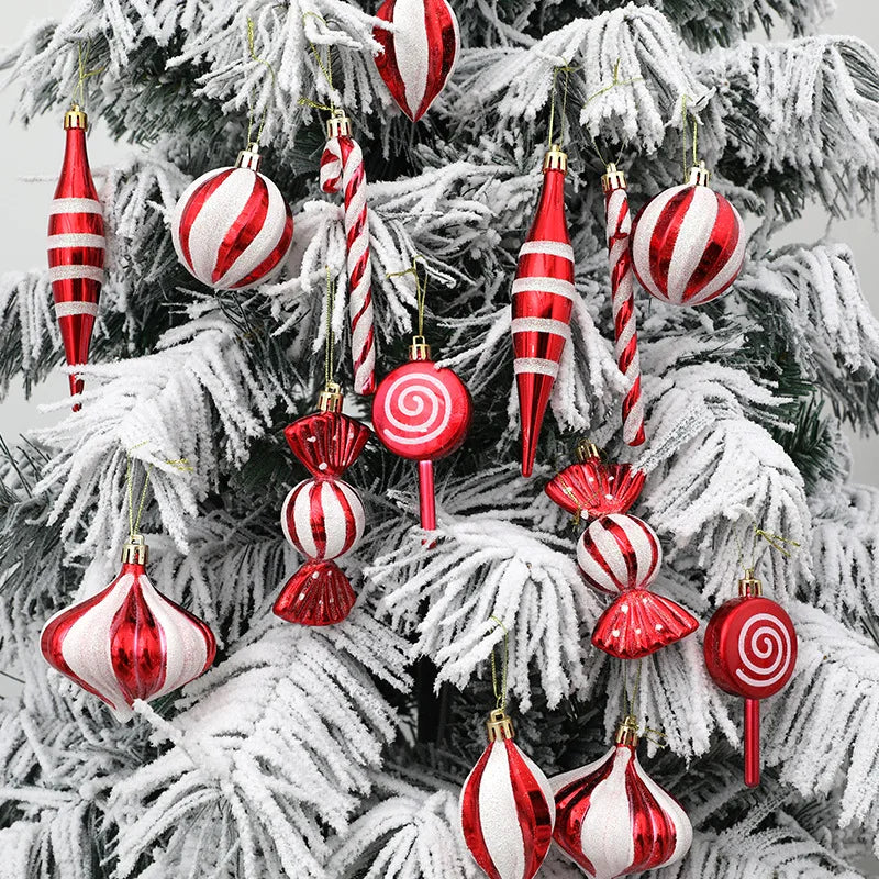 14Pcs/box Christmas Candy Cane Red Ball Ornaments Xmas Tree Hanging Pendants Navidad New Year Home Decorations 2024 Natal Gift