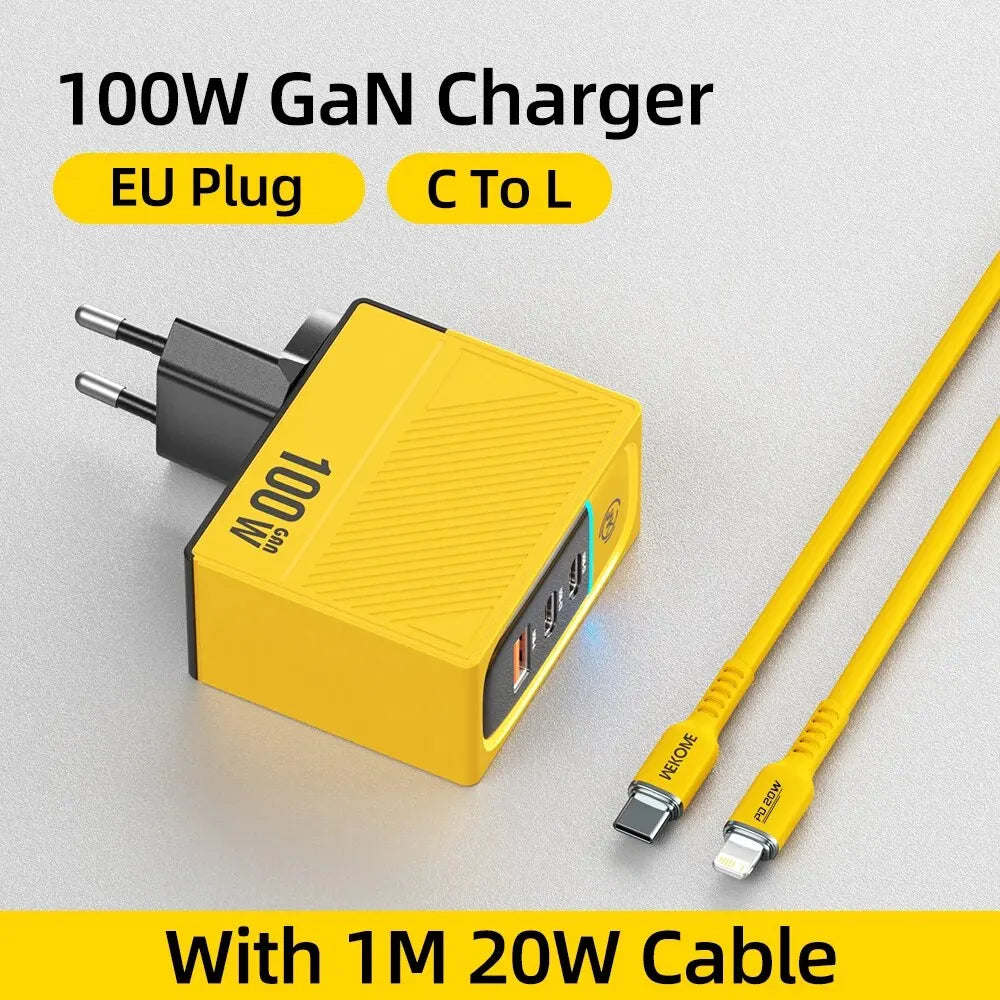 WEKOME GaN 40W/67W/100W Type C Charger Portable USB Charger Adapter QC4.0 PD PPS Fast Charging for iPhone Samsung Xiaomi Macbook EU 100W C- L Cable Yellow