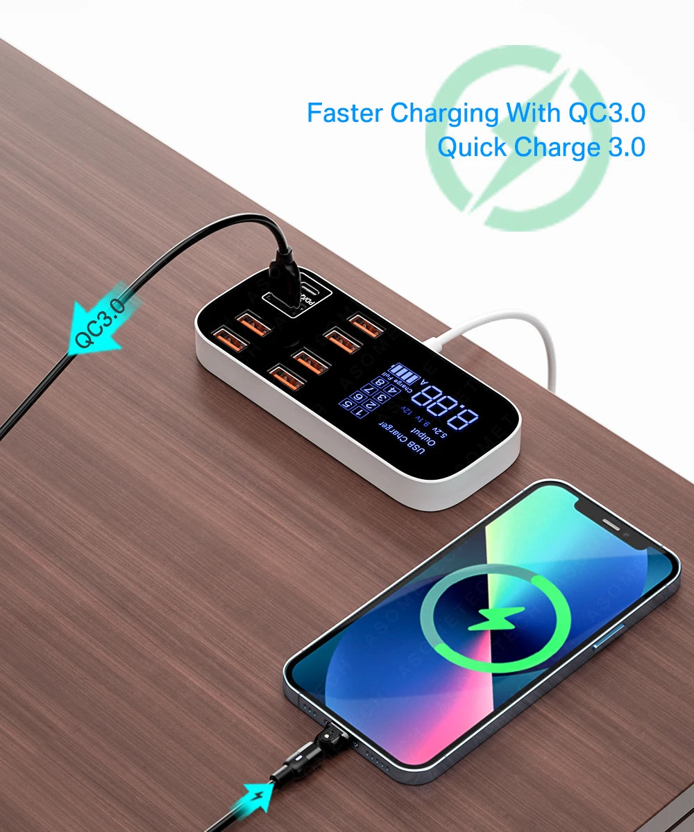 ASOMETECH 8 Port Desktop USB Charger Station With LED Display QC3.0 PD3.0 Fast USB Charging For iPhone 14 13 Pro Xiaomi