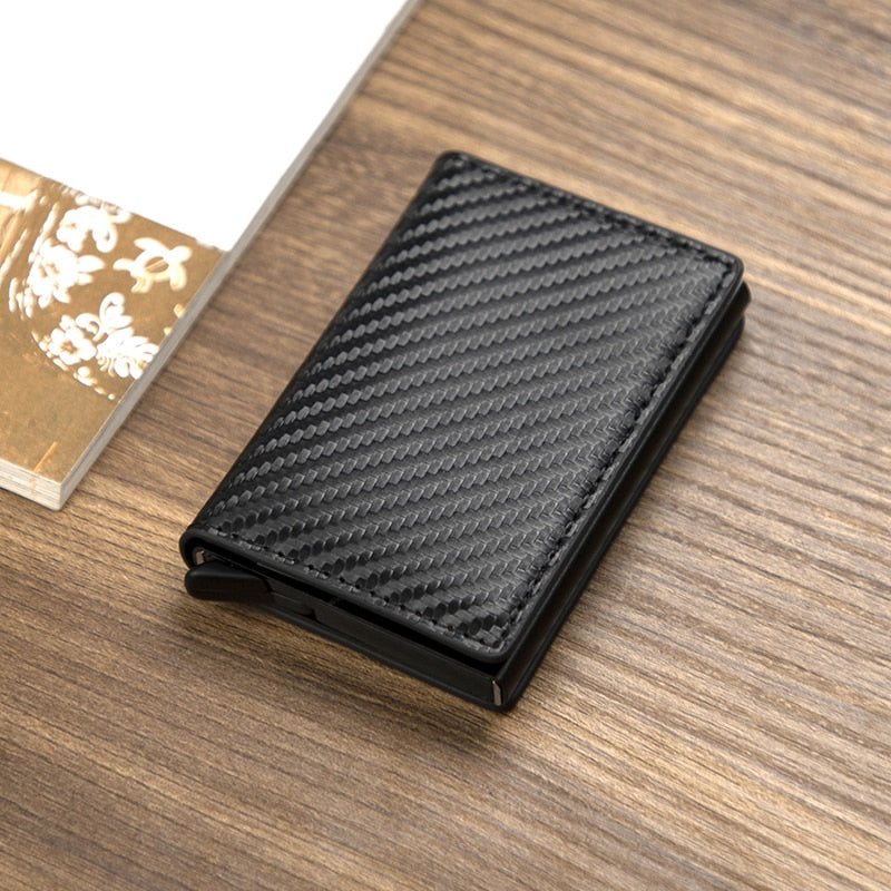 Credit Card Holder Men Woman Smart Wallet RFID Cardholder Carbon Fiber Leather Wallet Money Clip Purse Card Case 9810-Carbon Black