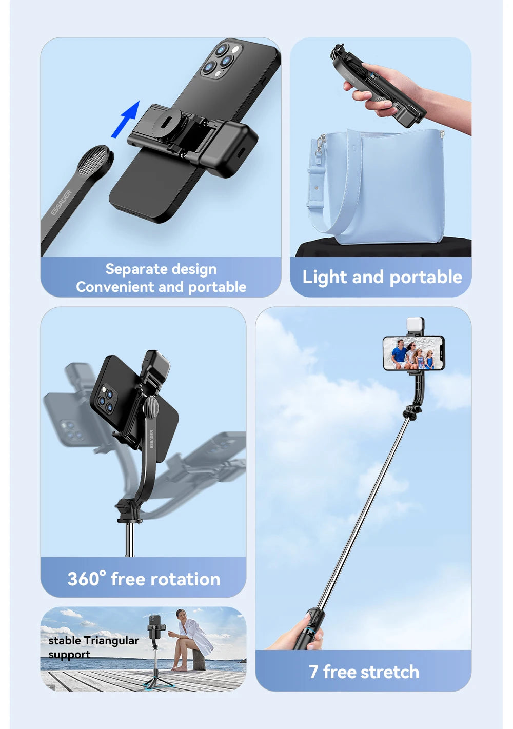 Essager Selfie StickDegree Photo Holder Lengthened Tripod Live Broadcast Support All Mobile Phones Bluetooth Remote Control TikT