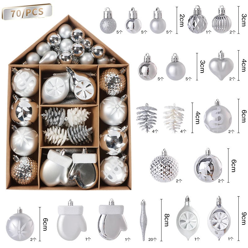 70Pcs Christmas Ball Ornaments Snowflake Snowman Star Xmas Tree Hanging Pendants Noel Navidad Home Decoration 2024 New Year Gift Set-F as picture