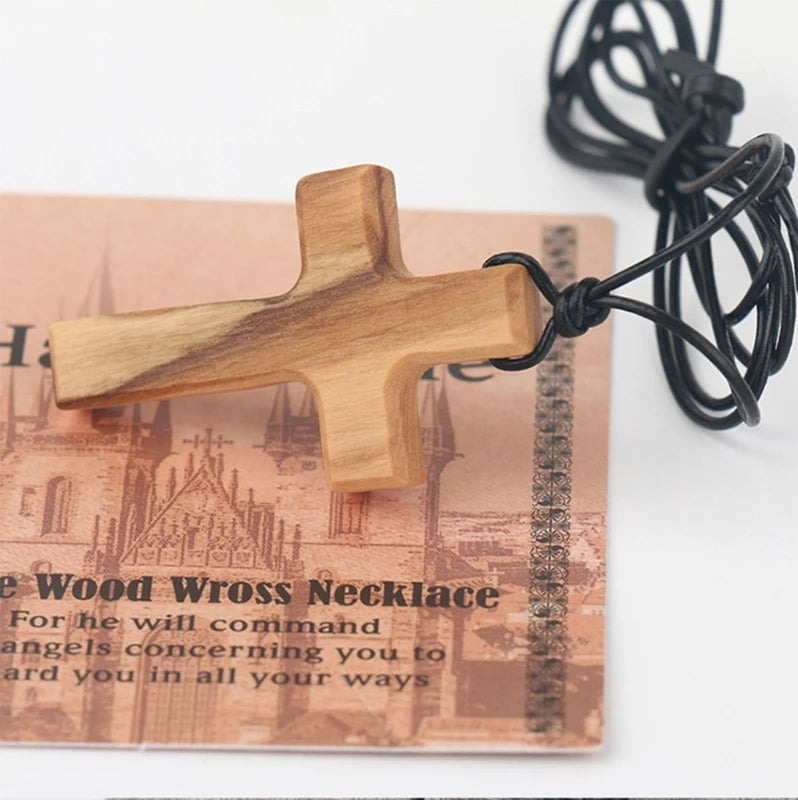 Olive Wood Pendant Long Adjustable Black Leather Rope Necklace Cross-shape Pendant Christian Gifts for Men and Women