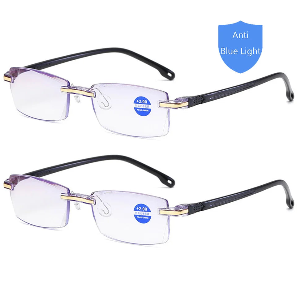 Reading Glasses Men Anti Blue Rays Presbyopia Goggles Women Vintage Rimless Eyewear Diopter +1.0 1.5 2.0 2.5 3.0 3.5 4.0 black-2PCS