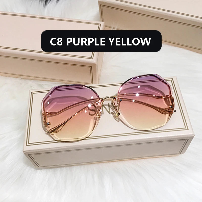 2023 Fashion Tea Gradient Sunglasses Women Ocean Water Cut Trimmed Lens Metal Curved Temples Sun Glasses Female UV400 C8 Adult