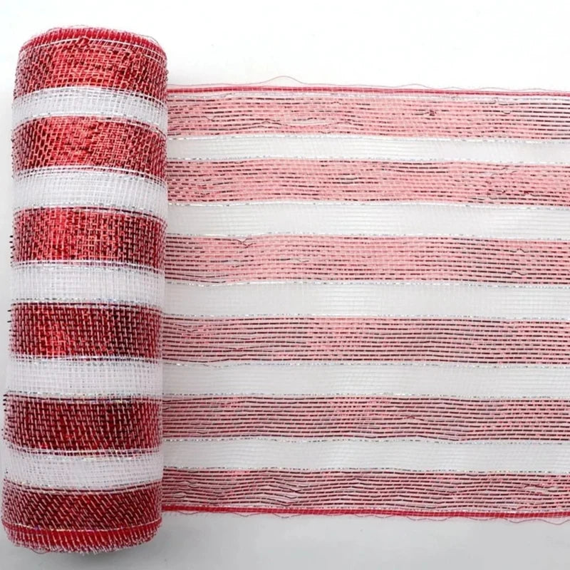 10Yard Christmas Red White Metallic Mesh Ribbon Xmas Tree Candy Cane Decoration Ornament DIY Wreath Bow 2024 New Year Gift 26cm