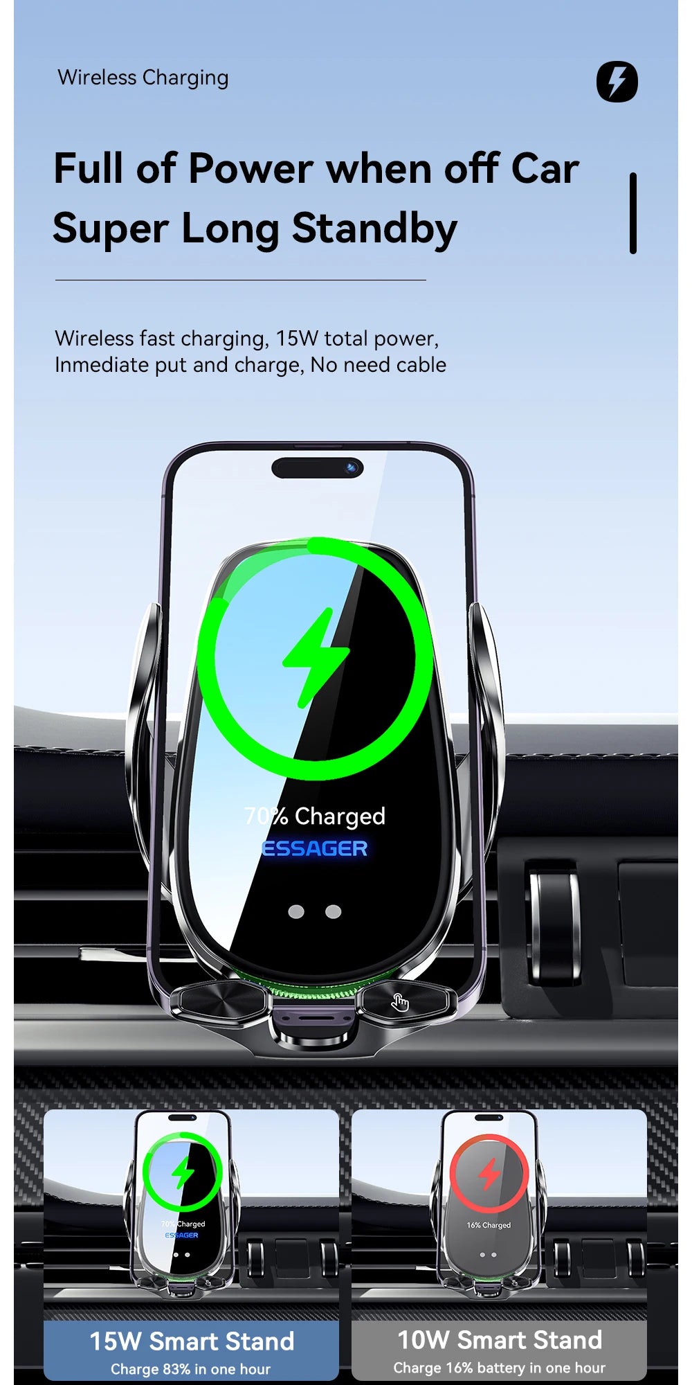 Essager 15W Car Wireless Charger Air Vent Mount For iPhone 14 13 12 Smart Wireless Charger Stand For Xiaomi Huawei Fast Charging