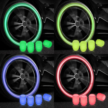 4pcs Luminous Valve Caps Fluorescent Night Glowing Car Motorcycle Bicycle Bike Wheel Tyre Hub Luminous Valve Stem Caps Decors