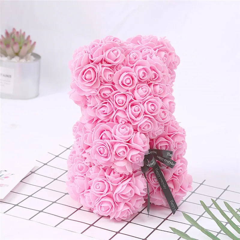 Artificial Flowers 25cm Rose Bear Girlfriend Anniversary Christmas Valentine's Day Gift Birthday Present For Wedding Party Light Pink Without Crown