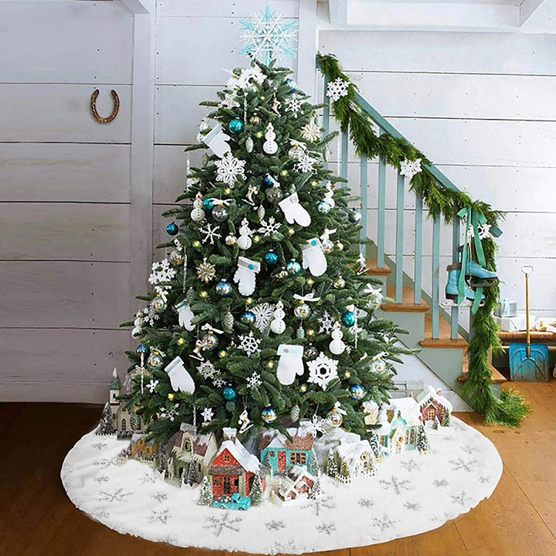 Silver Snowflake Christmas Tree Skirt White Plush Xmas Tree Base Cover Carpet Christmas Decorations For Home Natal New Year 2023