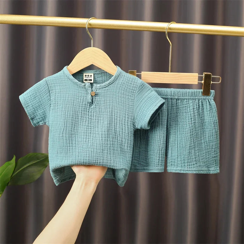 0-5Y Baby Summer Sets Solid Cotton Linen T-shirts+Elasctic Shorts Kids Clothes Casual Clothing Sets for Children Outfit Set Blue